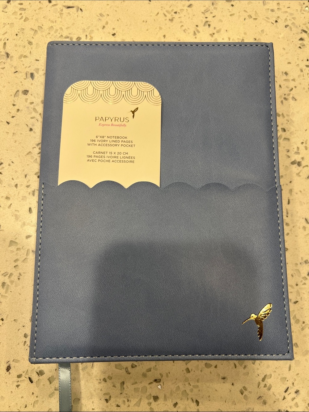 Papyrus Blue Faux Leather Notebook with Gold Hummingbird Accent